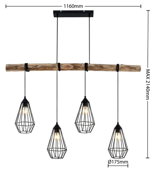 Lindby Lampă suspendată Eldarion, 116 cm, 4 becuri, lemn, E27, reglabil, Lemn, Camera de zi / sufragerie, Metal, Casă de țară / Rustic