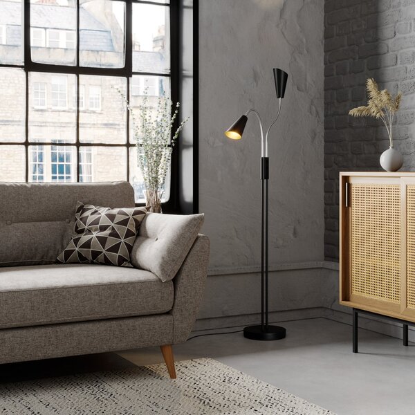 Lucande lampadar Medira, negru, 2 becuri, reglabil, GU10, Negru, Camera de zi / sufragerie, Metal, Modern, Lumină de lectură