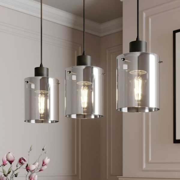 Lindby Lampă suspendată Kourtney, 3 becuri, negru/gri, sticlă, E27, reglabil, Negru, Camera de zi / sufragerie, Sticlă, Modern