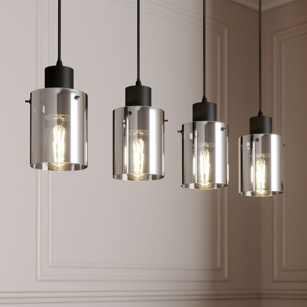 Lindby Lampă suspendată Kourtney, 4 becuri, negru/gri, sticlă, E27, reglabil, Negru, Camera de zi / sufragerie, Sticlă, Modern