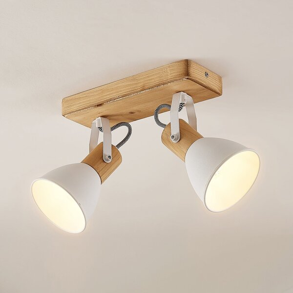 Lindby Spot de plafon Merela, alb, 28 cm, 2 becuri, lemn, E14, reglabil, Lemn, Camera de zi / sufragerie, Lemn, Scandinavă