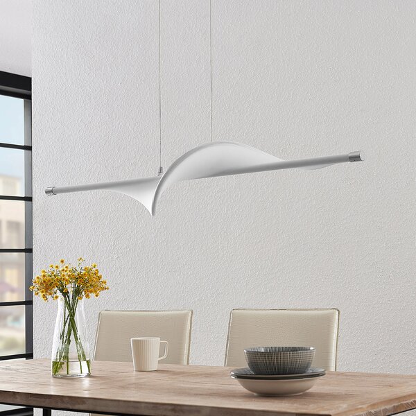 Lucande Lampă suspendată LED Edano, 122 cm, alb, textil, dimabil, reglabil, Alb, Camera de zi / sufragerie, Țesătură / Textil, Modern