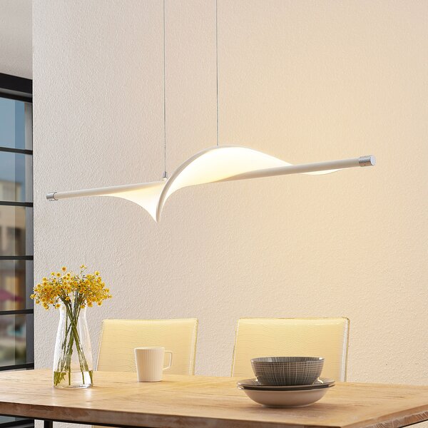 Lucande Lampă suspendată LED Edano, 122 cm, alb, textil, dimabil, reglabil, Alb, Camera de zi / sufragerie, Țesătură / Textil, Modern