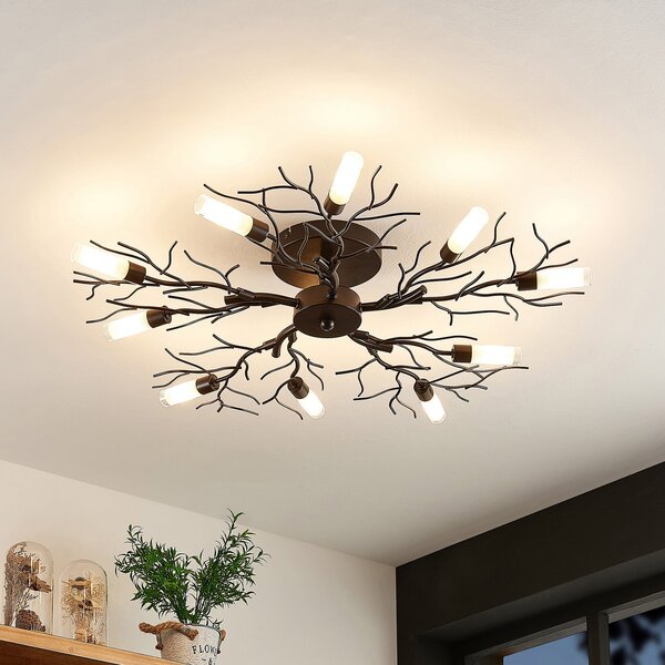 Lindby plafonieră Bigna, Ø 68 cm, 10 becuri, sticlă, metal, reglabil, Maro / Rugină, Camera de zi / sufragerie, Metal, Modern