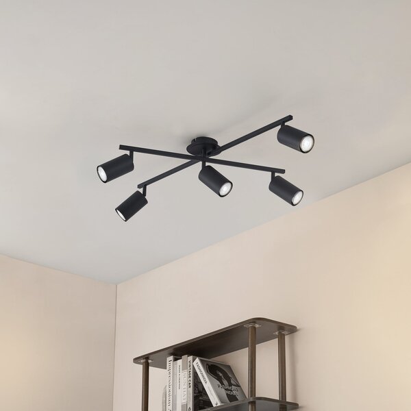Lindby plafonieră Joffrey, 78 cm, negru, 5 becuri, GU10, reglabil, Negru, Camera de zi / sufragerie, Metal, Modern