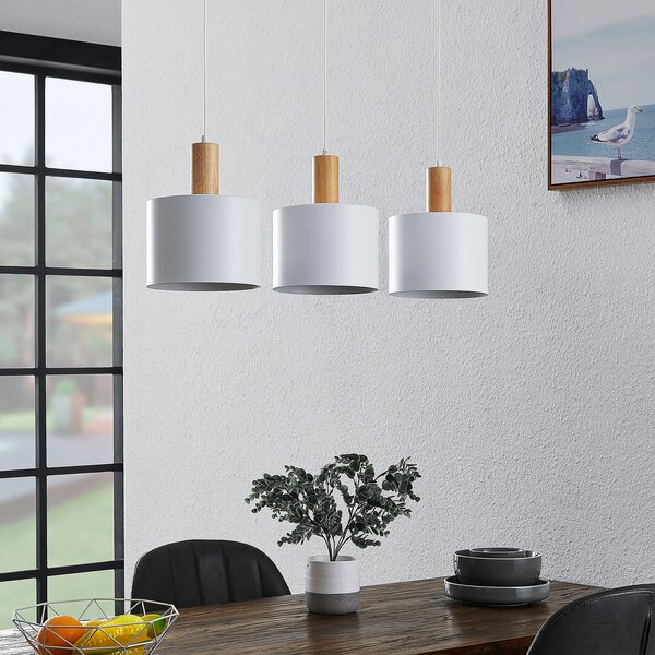 Lindby lampă suspendată Kadir, 73 cm, 3 becuri, alb, lemn, reglabil, Alb, Camera de zi / sufragerie, Metal, Modern