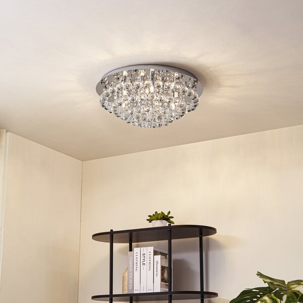 Lindby Plafonieră Antonino, 8 becuri, crom, cristal, 55 cm, reglabil, Metalic, Camera de zi / sufragerie, Cristal, Modern