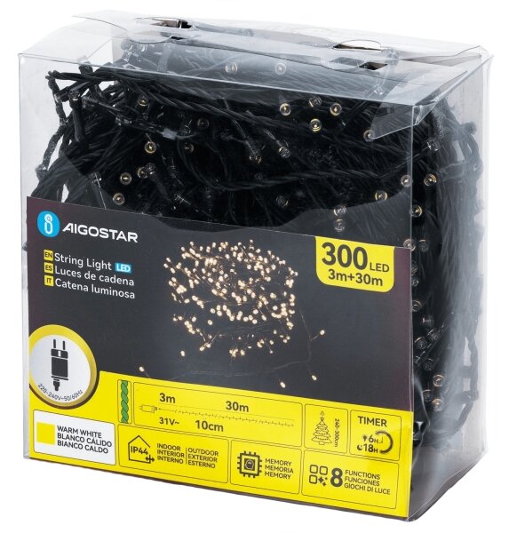 Aigostar - Ghirlandă luminoasă de exterior pentru Crăciun, 300 LED, 8 funcții, 30 m, IP44, alb cald