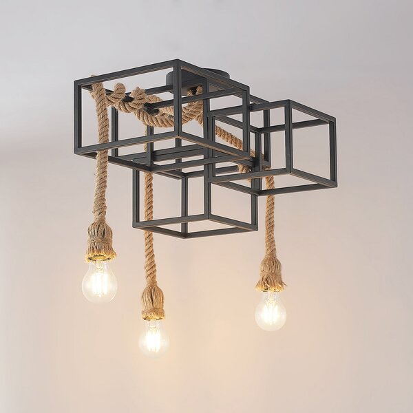 Lucande plafonieră Andrik, 44 cm, 3 becuri, frânghie de cânepă, metal, reglabil, Negru, Camera de zi / sufragerie, Metal, Modern