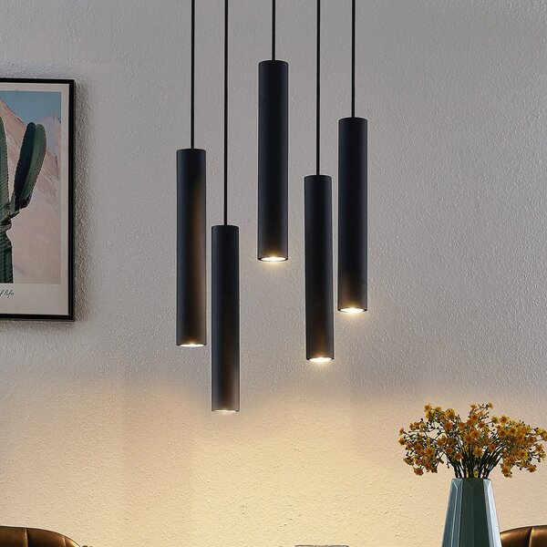 Lindby Lampă suspendată Sanad, Ø 40 cm, 5 becuri, negru, GU10, reglabil, Negru, Camera de zi / sufragerie, Metal, Modern
