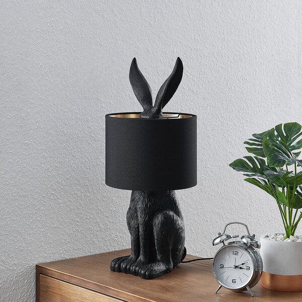 Lindby lampă de masă Lorentina, 56 cm, iepure, negru, textil, Negru, Camera de zi / sufragerie, Țesătură / Textil, Design
