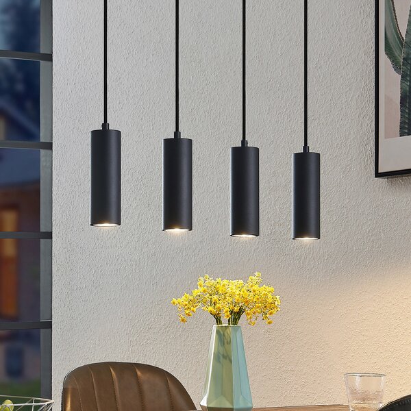 Lindby lampă suspendată Maniva. 60 cm, 4 becuri, negru, GU10, reglabil, Lemn, Camera de zi / sufragerie, Metal, Modern