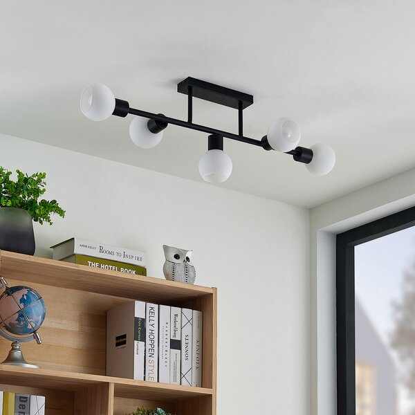 Lindby plafonieră Biscala, 5flg., negru/opal, reglabil, Negru, Camera de zi / sufragerie, Metal, Modern