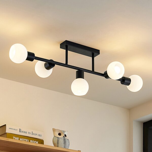 Lindby plafonieră Biscala, 5flg., negru/opal, reglabil, Negru, Camera de zi / sufragerie, Metal, Modern