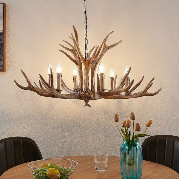 Lindby Lampă suspendată Tejask, Ø 102 cm, 6 becuri, coarne, E14, reglabil, Maro / Rugină, Camera de zi / sufragerie, Plastic, Casă de țară / Rustic, Candelabru