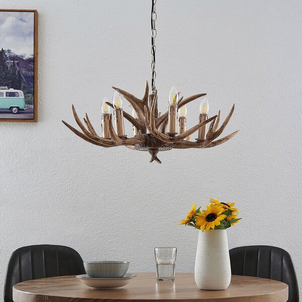 Lindby Lampă suspendată Tejask, Ø 70 cm, 6 becuri, coarne, E14, reglabil, Maro / Rugină, Camera de zi / sufragerie, Plastic, Casă de țară / Rustic, Candelabru