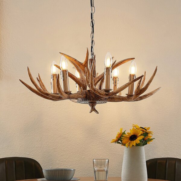 Lindby Lampă suspendată Tejask, Ø 70 cm, 6 becuri, coarne, E14, reglabil, Maro / Rugină, Camera de zi / sufragerie, Plastic, Casă de țară / Rustic, Candelabru