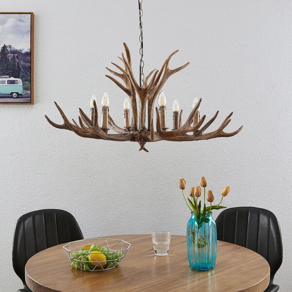 Lindby Lampă suspendată Tejask, Ø 102 cm, 6 becuri, coarne, E14, reglabil, Maro / Rugină, Camera de zi / sufragerie, Plastic, Casă de țară / Rustic, Candelabru