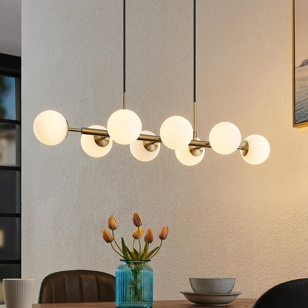 Lindby lampă suspendată Kiamo, 83 cm, alamă, alb, sticlă, G9, reglabil, Alb, Camera de zi / sufragerie, Metal, Modern
