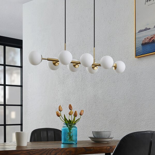 Lindby lampă suspendată Kiamo, 83 cm, alamă, alb, sticlă, G9, reglabil, Alb, Camera de zi / sufragerie, Metal, Modern