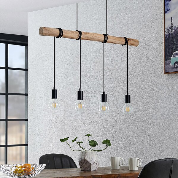 Lindby Lampă suspendată Ferris, 4 becuri, 90cm, lemn, E27, reglabil, Lemn, Camera de zi / sufragerie, Metal, Vintage