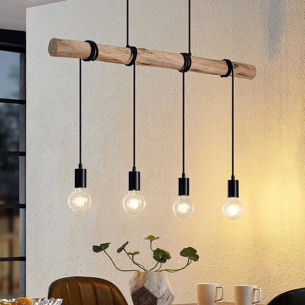 Lindby Lampă suspendată Ferris, 4 becuri, 90cm, lemn, E27, reglabil, Lemn, Camera de zi / sufragerie, Metal, Vintage
