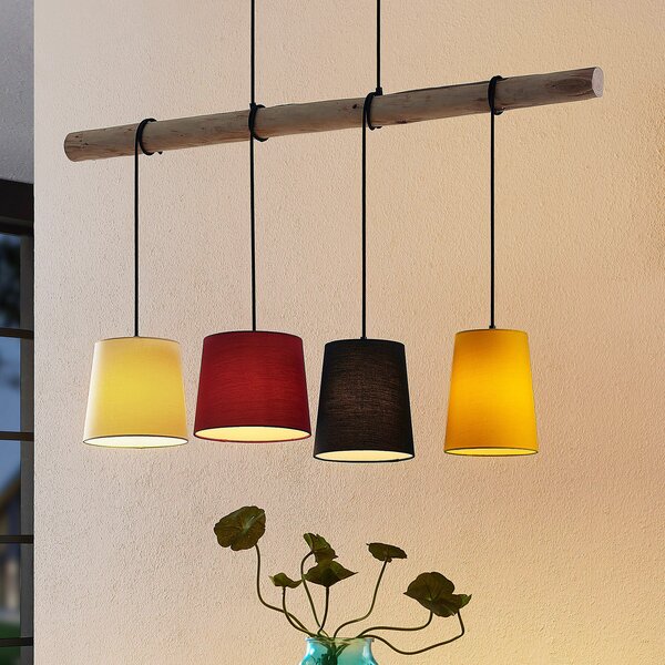 Lindby Lampă suspendată Hinai, negru/roșu/galben, textil, 116cm, reglabil, Lemn, Camera de zi / sufragerie, Țesătură / Textil, Scandinavă