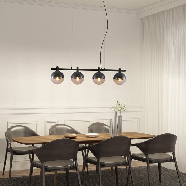 Lucande Dustian lampă suspendată, 4 becuri, reglabil, Negru, Camera de zi / sufragerie, Sticlă, Design, glob