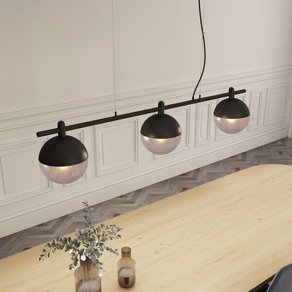 Lucande Dustian lampă suspendată, 3 becuri, 124 cm, reglabil, Negru, Camera de zi / sufragerie, Sticlă, Design, glob