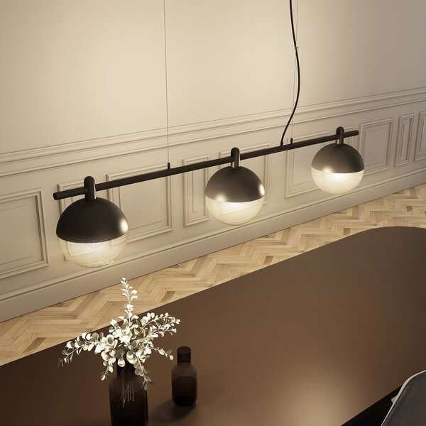 Lucande Dustian lampă suspendată, 3 becuri, 124 cm, reglabil, Negru, Camera de zi / sufragerie, Sticlă, Design, glob
