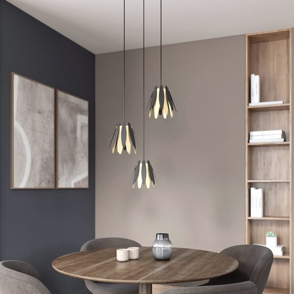Lucande Lounit lampă suspendată, negru-auriu 3 bec, reglabil, Negru, Camera de zi / sufragerie, Metal, Design
