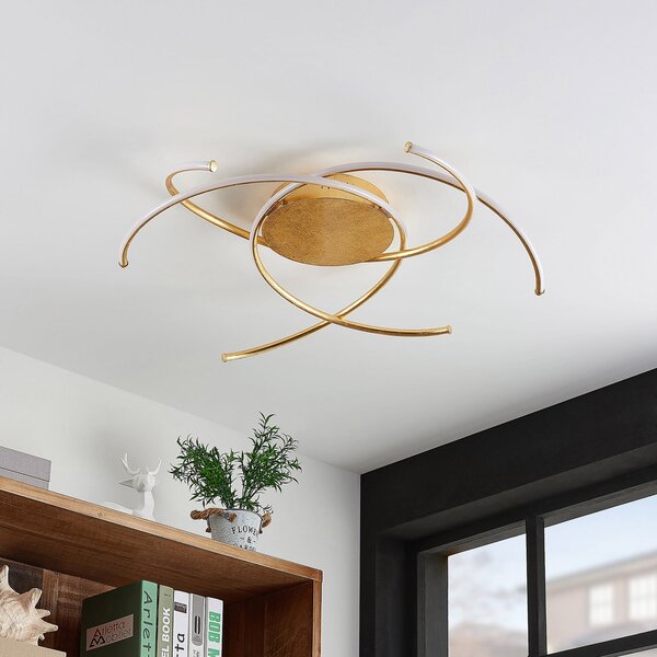 Lindby plafonieră LED Yareli, auriu, metal, Ø 70cm, reglabil, Auriu / Alamă, Camera de zi / sufragerie, Metal, Modern
