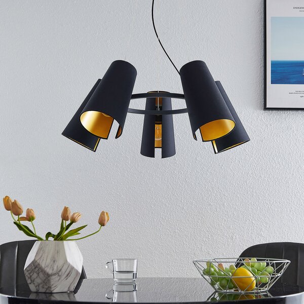Lucande Kemoni lampă suspendată, cinci becuri, reglabil, Negru, Camera de zi / sufragerie, Țesătură / Textil, Modern
