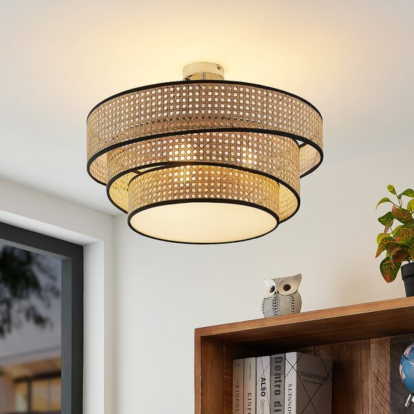 Lucande Elowen plafonieră, Ø 56 cm, rattan, bambus, reglabil, Lemn, Camera de zi / sufragerie, Bamboo, Modern