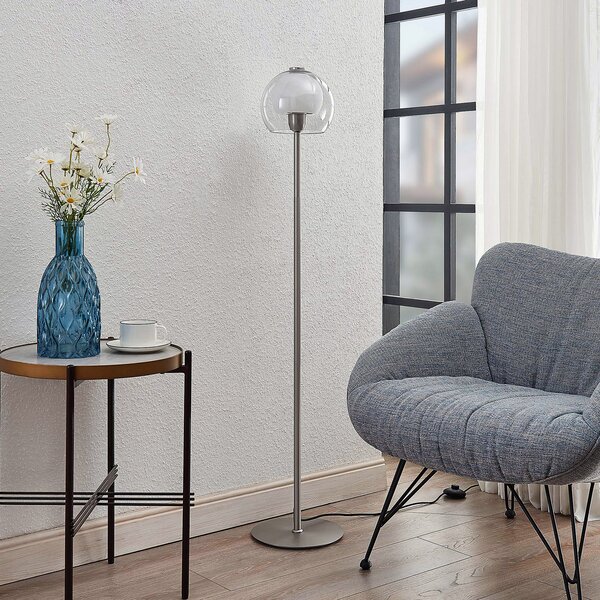 Lucande Kaiya lampadar cu abajur din sticlă, Gri, Camera de zi / sufragerie, Metal, Modern