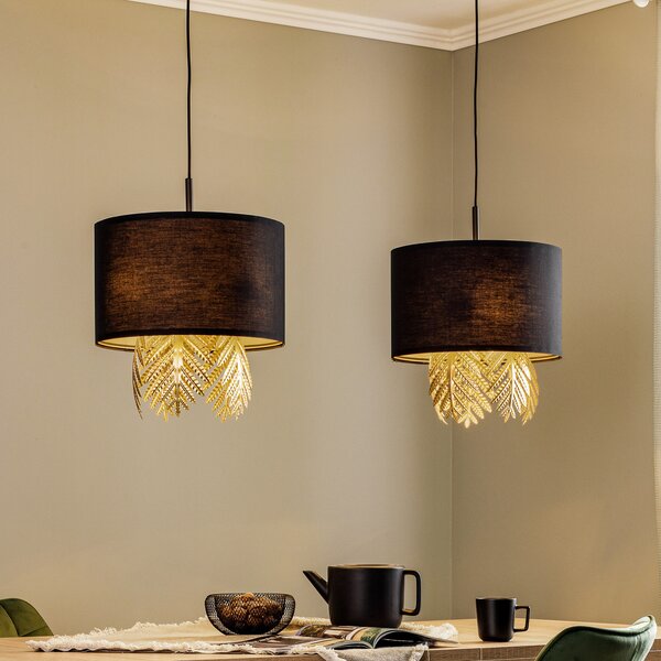 Lucande Malviras lampă suspendată, decor frunze 2 becuri., reglabil, Negru, Camera de zi / sufragerie, Țesătură / Textil, Design