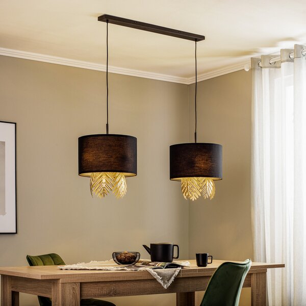 Lucande Malviras lampă suspendată, decor frunze 2 becuri., reglabil, Negru, Camera de zi / sufragerie, Țesătură / Textil, Design