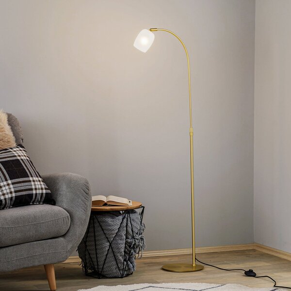 Lucande Taylan lampadar din fier, abajur sticlă, Auriu / Alamă, Camera de zi / sufragerie, Metal, Design