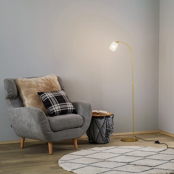 Lucande Taylan lampadar din fier, abajur sticlă, Auriu / Alamă, Camera de zi / sufragerie, Metal, Design