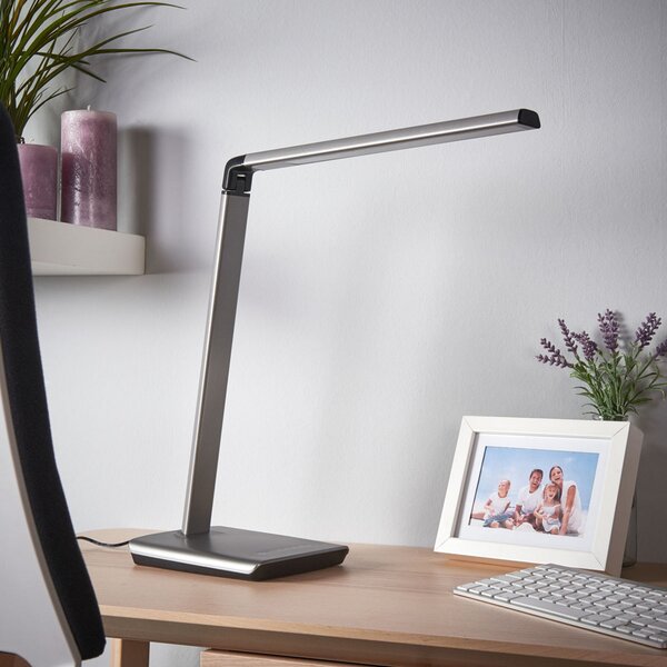 Lindby Lampă de birou cu LED Kuno, gri, USB, variator tactil, reglabil, Gri, Studiu / Birou, Plastic, Modern