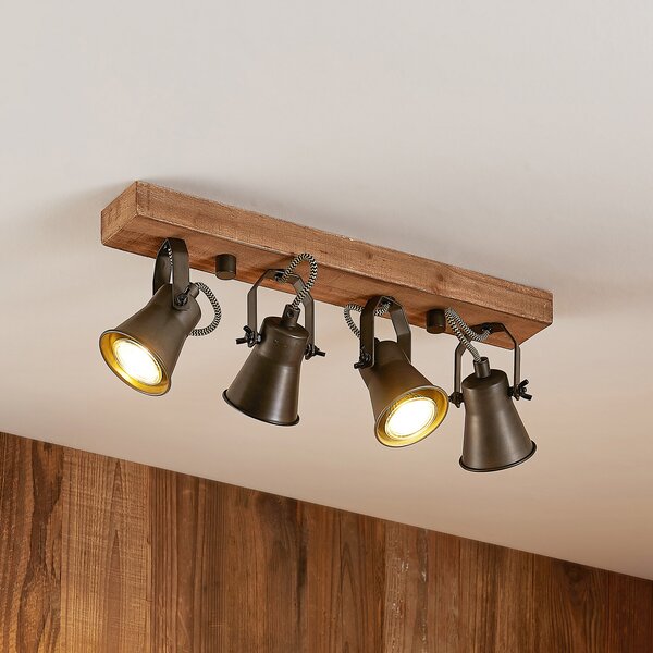 Lindby Spot de plafon Grandesa, 35 cm, 4 becuri, lemn, metal, reglabil, Lemn, Camera de zi / sufragerie, Lemn, Vintage