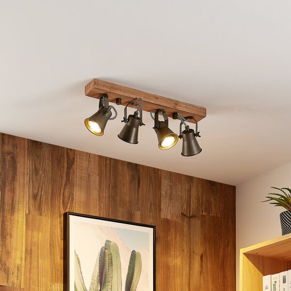 Lindby Spot de plafon Grandesa, 35 cm, 4 becuri, lemn, metal, reglabil, Lemn, Camera de zi / sufragerie, Lemn, Vintage