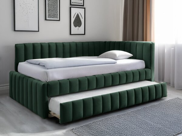 Pat tapitat COMFINO VELVET cu pat suplimentar 120x200 cm, verde inchis