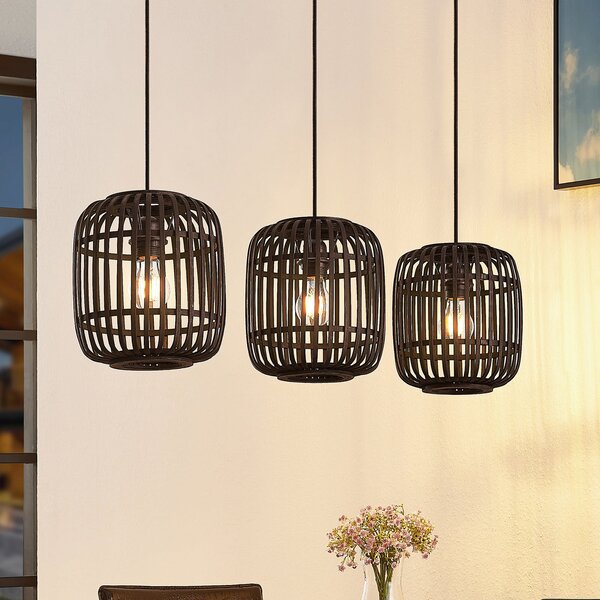 Lindby Lampă suspendată Canyana, negru, 3 lumini, rattan, 105 cm, reglabil, Negru, Camera de zi / sufragerie, Lemn, Casă de țară / Rustic