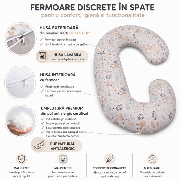 Perna gravide forma C si perna alaptare Kidizi Casia, husa detasabila, fermitate ajustabila, bumbac Oeko-Tex