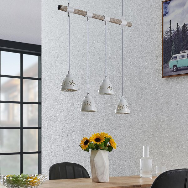 Lindby Pimana lampă suspendată, 4 becuri, reglabil, Alb, Camera de zi / sufragerie, Lemn, Casă de țară / Rustic