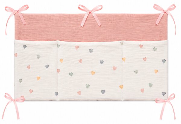 Organizator textil pentru patut Kidizi color Hearts – muselina 100% bumbac Oeko-Tex, 3 buzunare pentru depozitare