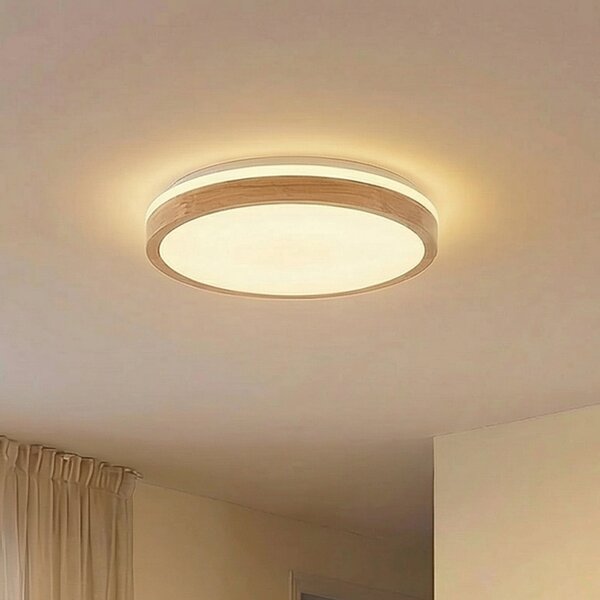 Lindby plafonieră LED Emiva, Ø 49 cm, CCT, lemn, reglabil, Lemn, Camera de zi / sufragerie, Lemn, Modern