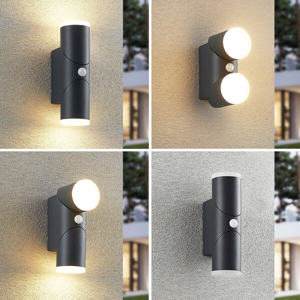 Lindby Aspyn aplică LED exterior, 2 fluxuri senzor, Negru, Metal, Modern