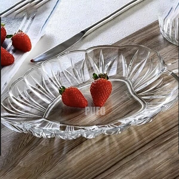 Bol elegant din sticla Pufo Leaf pentru servit aperitive, fructe, prajituri, 30 cm